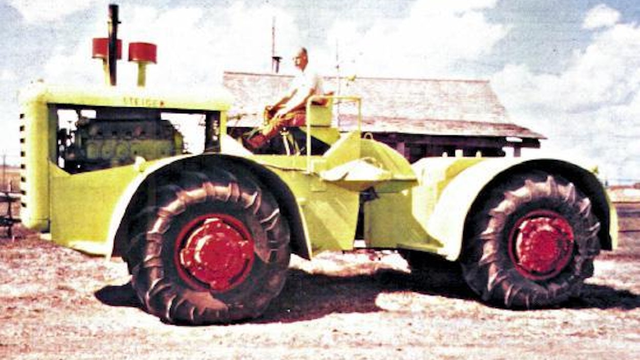 Steigerin ensimmäinen traktori tehtiin omaan käyttöön farmin vanhassa navetassa talvella 1957-58. Enimmät osat saatiin läheisen louhoksen hylkäämästä Euclid-kaavinvaunusta, sekä tilan romutetuista kuorma-autoista. 6,8-tonninen ja 238-hevosvoimainen peltoveturi palveli maatalouskäytössä 10 000 tunnin ajan.