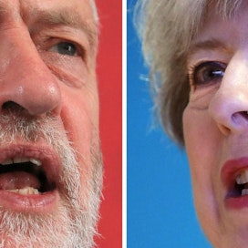 Britannian parlamenttivaalien alla tehdyt kannatusmittaukset  ovat luvanneet voittoa pääministeri Theresa Mayn konservatiiveille, mutta Jeremy Corbynin työväenpuolue on kirinyt etumatkaa kiinni. LEHTIKUVA/AFP