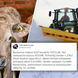 Ville-Matti Vuollet halusi avata maatalouden kustannusten nousua konkreettisin luvuin. Kuvituskuva.