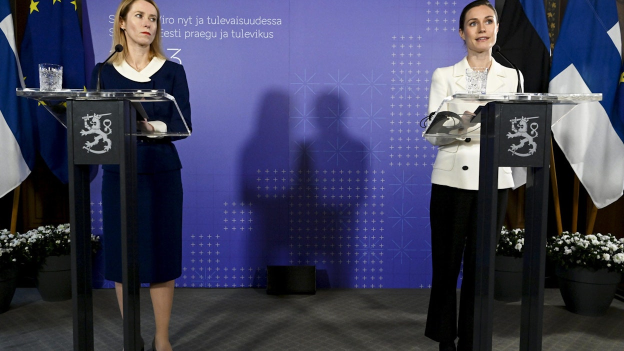 Pääministeri Marin ja Viron pääministeri Kaja Kallas pitivät tänään yhteisen lehdistötilaisuuden Helsingissä. LEHTIKUVA / VESA MOILANEN.