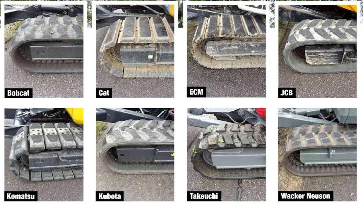 All the normal excavator track options were represented among the tested vehicles: rubber tracks, track belts with rubber floor plates and track belts with steel floor plates. The CAT and ECM were equipped with the latter, even though both had rubber pads attached to the steel floor plates with bolts. The Komatsu had rubber base plates screwed directly onto the track belt. These are not particularly common on excavators - presumably because the adaptability of this type of track to different conditions is not as good as that of rubber pads attached with bolts. For the rubber tracks, the manufacturers preferred Bridgestone; the JCB (with the Tracmaster product brand) and the Kubota were equipped with Bridgestone rubber tracks. Also, the rubber base plates on the Komatsu were from Bridgestone. The Takeuchi and Bobcat tracks were provided with product
