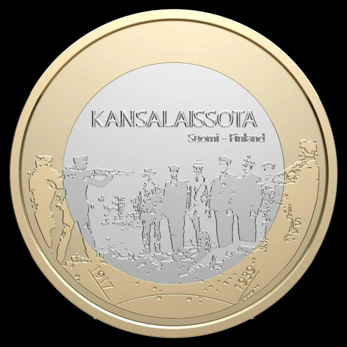 Kohua herätti Suomen Rahapajan Itsenäisyyden vuosikymmenet -rahasarjan kolikko, joka kuvasi kansalaissodan aikaista teloitusta. LEHTIKUVA / HANDOUT / RAHAPAJA