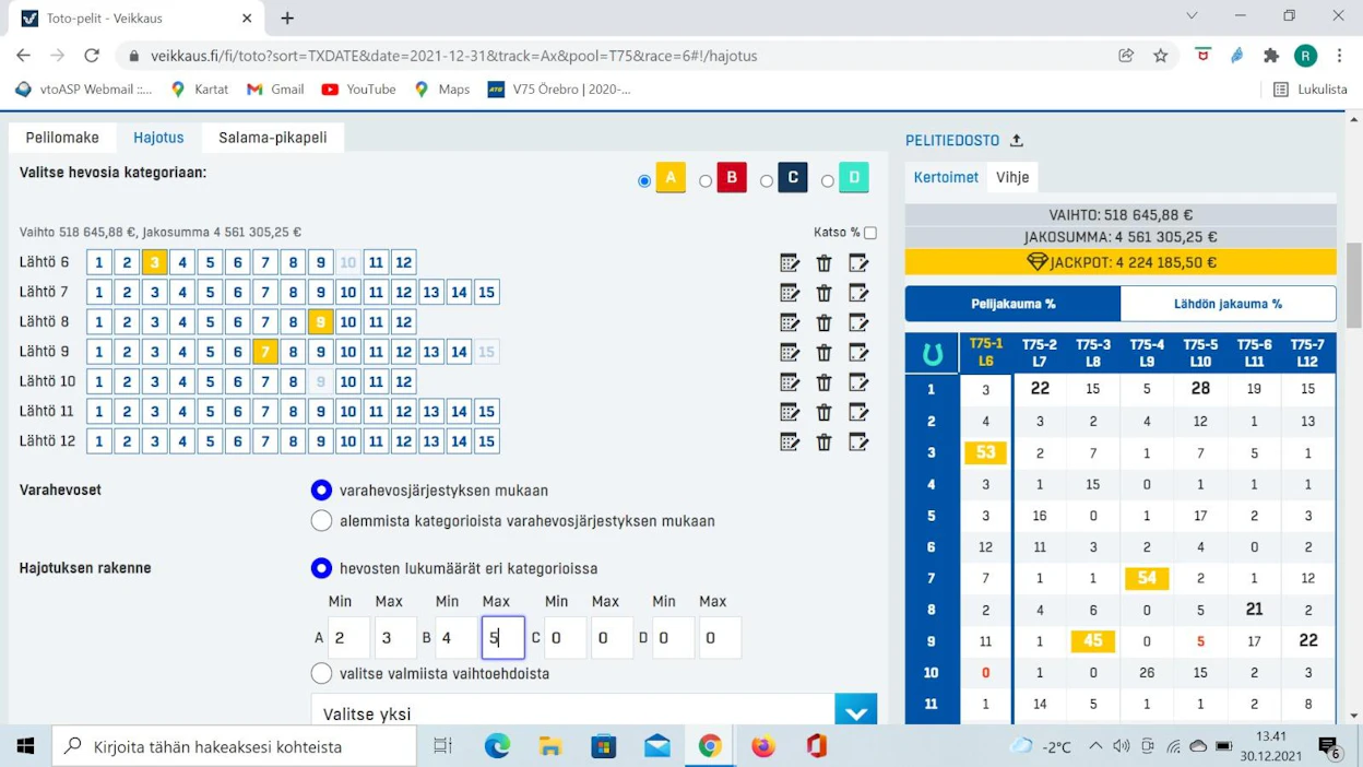 Veikkauksen sivulta totopeleistä hajotus-välilehdeltä (toto-lomakkeen ylälaidassa vaihtoehdoista pelilomake-hajotus-salama valitaan hajotus) löytyy toimiva työkalu ns. hajotussysteemin laatimiseksi.