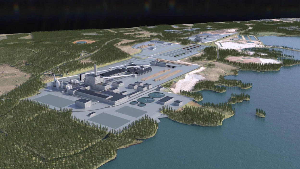 Boreal Bioref sai poikkeusluvan aloittaa biojalostamon rakennustyöt ennen ympäristöluvasta mahdollisesti tehtävien valitusten käsittelyä oikeusasteissa. Havainnekuva Kemijärven Patokankaalta.