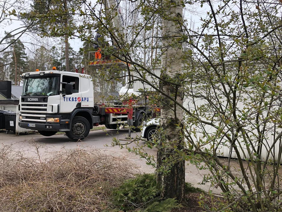 Nosturiauto saapuu paikalle. Arboristi kiipeää ohjaajan kanssa nosturin koriin. On aika sanoa hyvästit koivulle.
