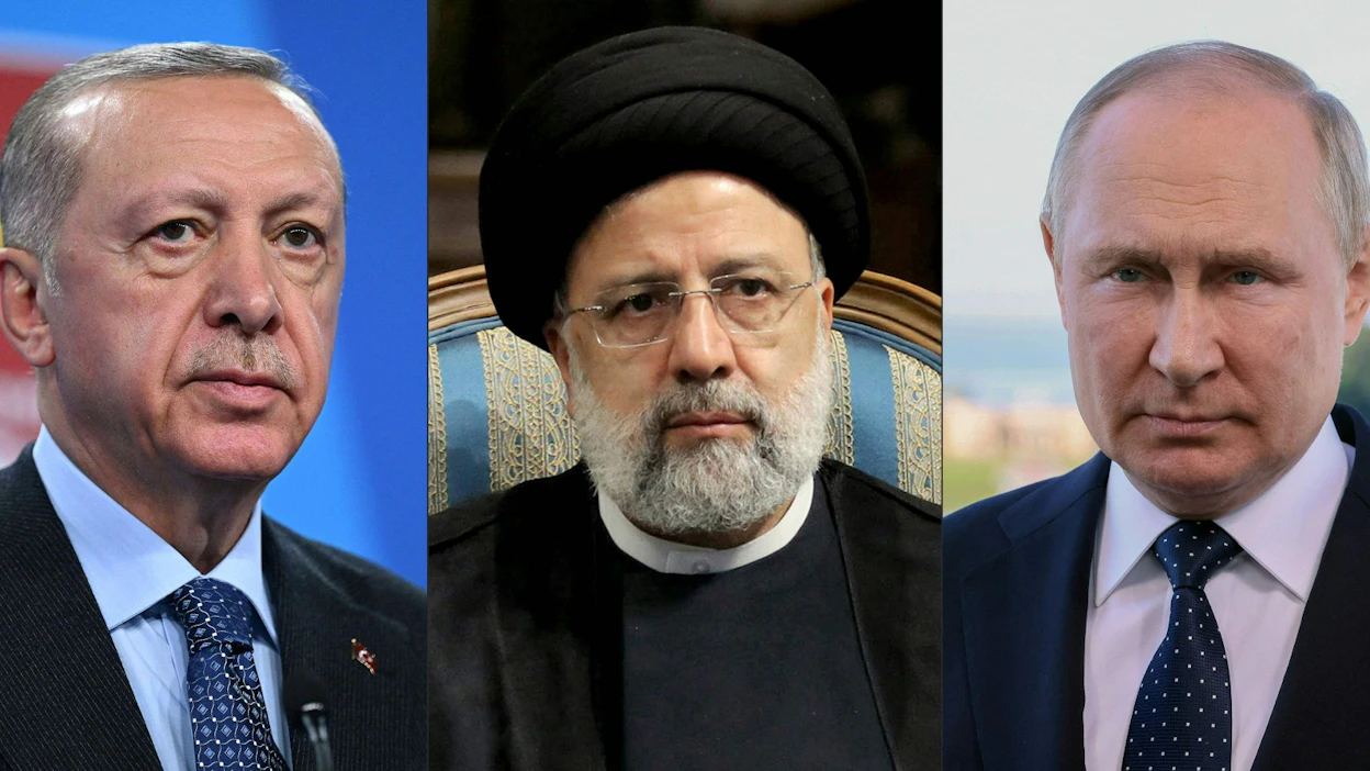 Turkin presidentti Recep Tayyip Erdogan, Iranin presidentti Ebrahim Raisi ja Venäjän Vladimir Putin tapaavat huomenna Iranissa. LEHTIKUVA/AFP/HANDOUT/IRANIN PRESIDENTINKANSLIA.