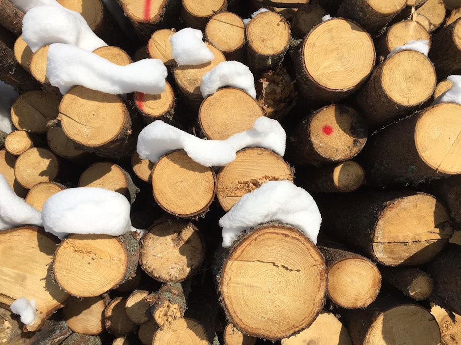 Kuvan kuitupuupinoon on eksynyt tukkikokoista puutavaraa.