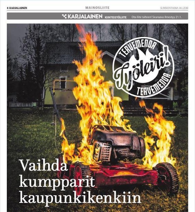 Mainoksessa mainostetaan kaupunkiasuntoja lauseella "Tervemenoa työleiri!".