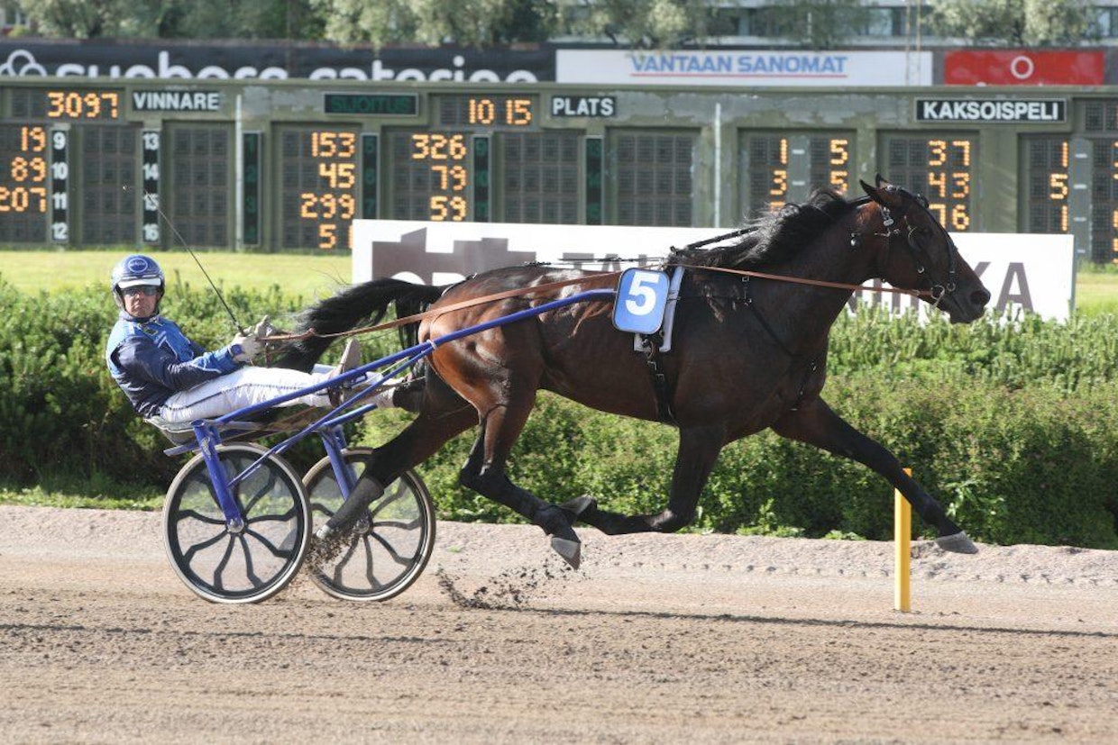 Tuomas Korvenojan ajama Joe Di Maggio palasi näyttävästi voittokantaan. Se piti johtavan rinnalla vauhdin kovana, paineli 500 jäljellä kärkeen ja voitti kovalla ajalla 13,0/2100a. Kuva: Ville Toivonen