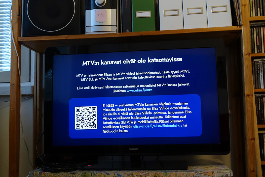 MTV:n maksuttomat kanavat lakkasivat tänään näkymästä suorina lähetyksinä Elisan kaapeli-tv:n ja Elisa Viihteen kautta. TEEMU SALONEN / LEHTIKUVA.