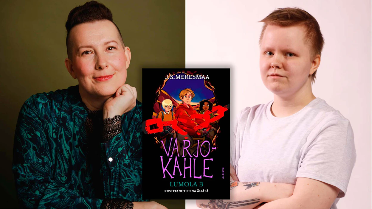 Varjokahle solmii J.S. Meresmaan (vas.) ja kuvittaja Elina Äijälän Lumola-sarjan langanpäät.