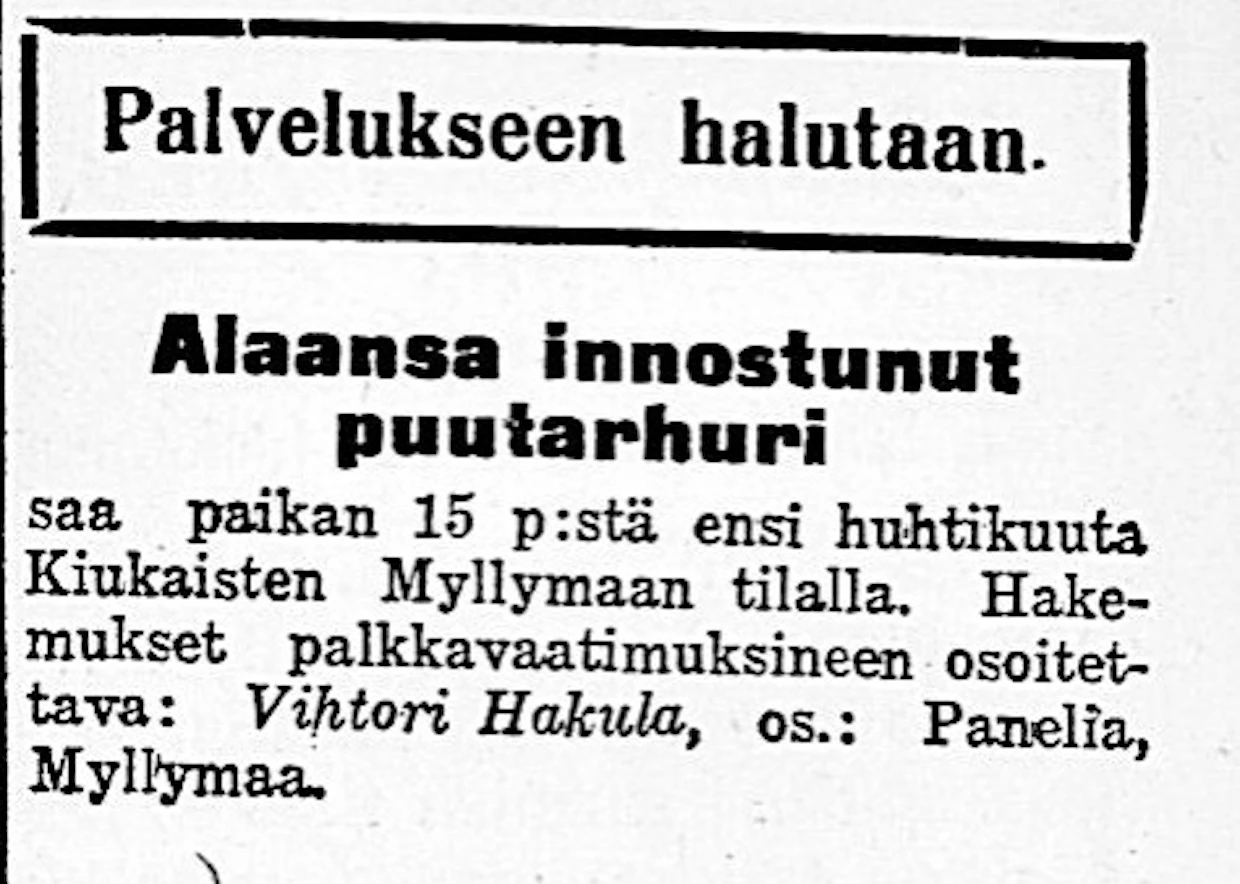 Alaansa innostunutta puutarhuria etsittiin ilmoituksella helmikuussa 1926.