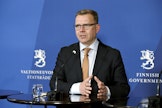 Hallituksen muodostaja, kokoomuksen puheenjohtaja Petteri Orpo piti tiedotustilaisuuden Säätytalolla. LEHTIKUVA / MARKKU ULANDER.