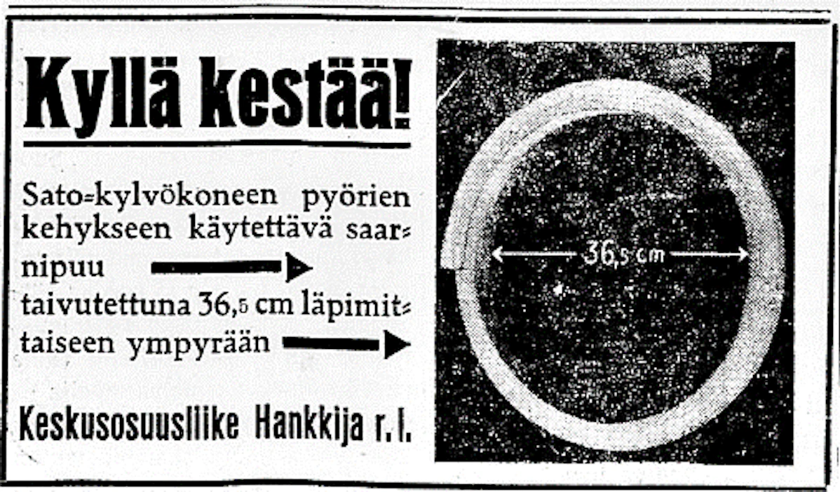 MT:ssä ilmoitettiin kylvökoneen pyörien kehykseen käytettävästä saarnipuusta, jota kauppasi Keskusosuusliike Hankkija.