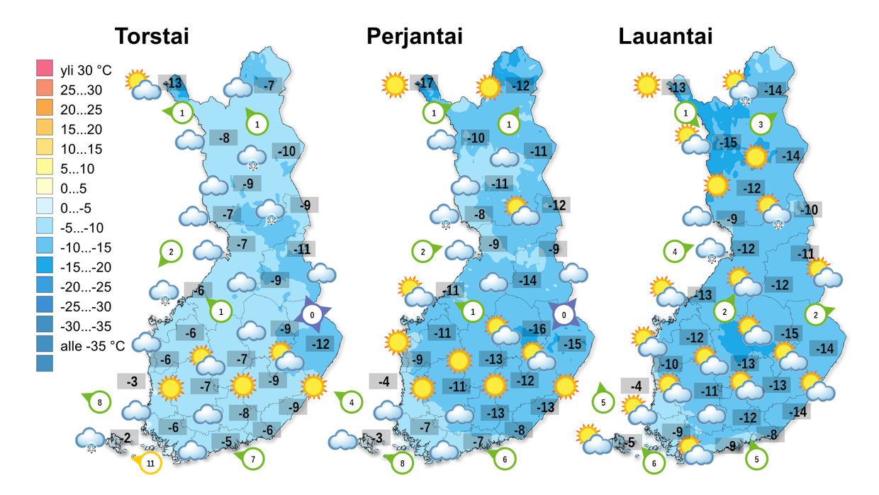 Tällä hetkellä lämpötilat näyttävät varsin tavanomaisilta vuodenaikaan nähden. Lämpötila olisi koko maassa seuraavien päivien aikana -5 ja -15 asteen välillä.