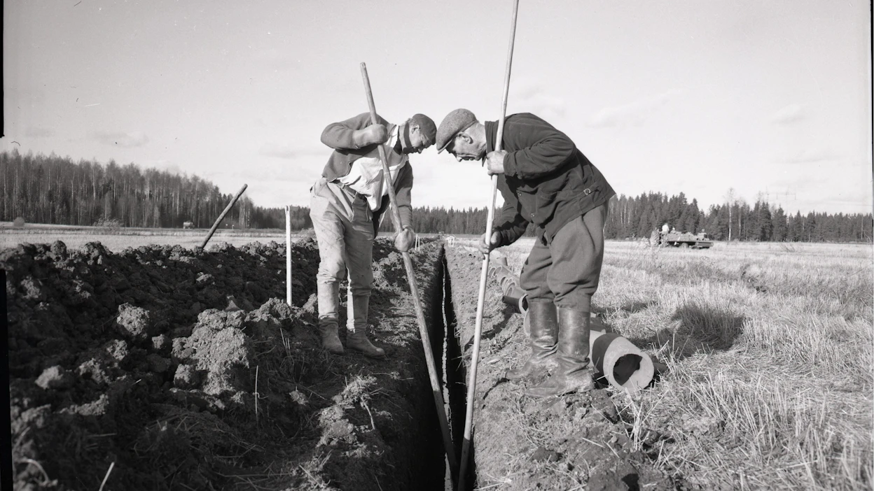Suuri osa Suomen salaojista on tehty 1960-1980 -luvuilla. Vanha kuva Nurmijärven Nukarista salaojitustyöstä vuonna 1961.