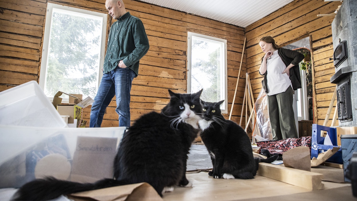 Tuukka Sandström ja Varpu Eronen remontoivat kotiaan vanhaa kunnioittaen, mutta ei liian ryppyotsaisesti. Kissat Puhveli ja Tärppä singahtavat keskeneräiseen tupaan heti kun suojamuoveja raotetaan.