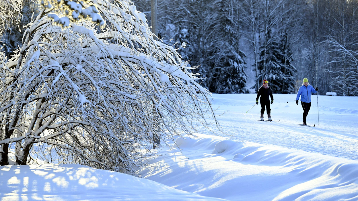 Pakkasvaroitus tulee koko Suomessa voimaan pian sen jälkeen, kun vuosi on vaihtunut. Kuvassa hiihtäjiä Espoon Oittaalla uudenvuodenaattona. LEHTIKUVA / Heikki Saukkomaa.