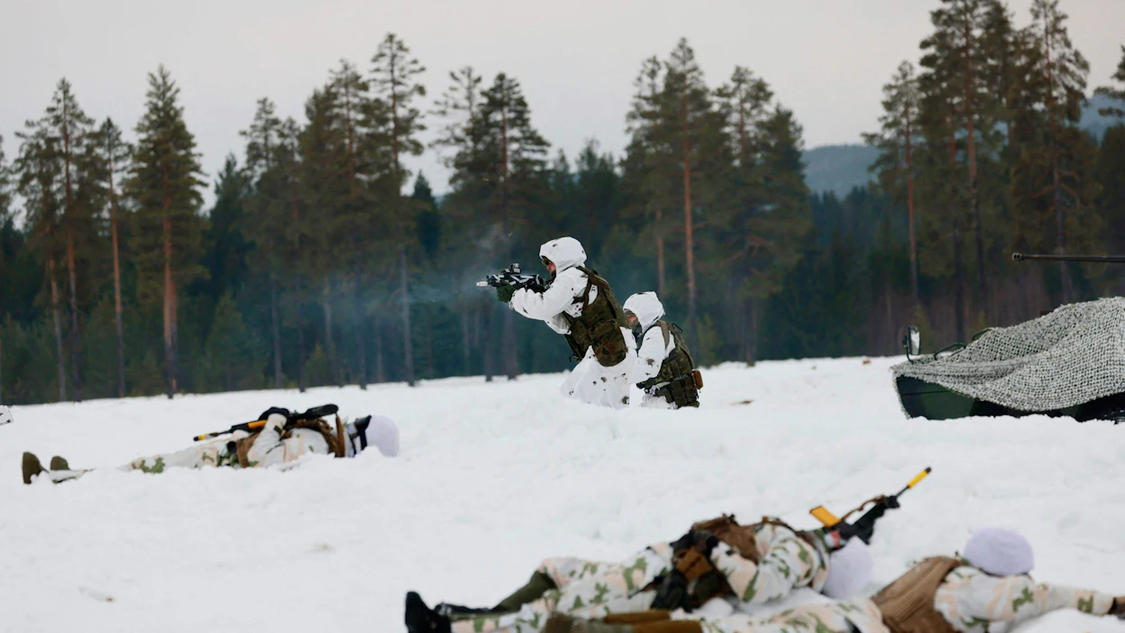 Nordic Responsessa harjoitellaan Naton kykyä siirtää joukkoja pohjoiseen harjoittelemaan puolustuksellista yhteisoperaatiota arktisissa olosuhteissa. Arkistokuva. LEHTIKUVA / AFP.