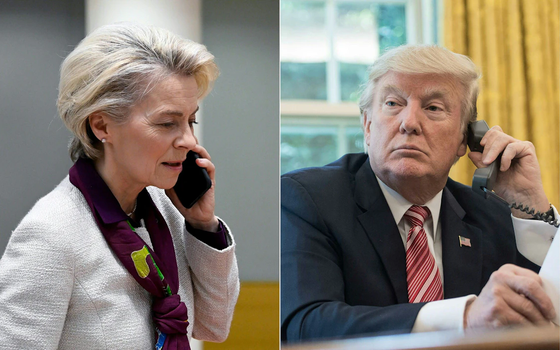 EU-komission puheenjohtaja Ursula von der Leyen ja Yhdysvaltojen presidentti Donald Trump keskustelivat kauppasopimuksesta sunnuntaina.