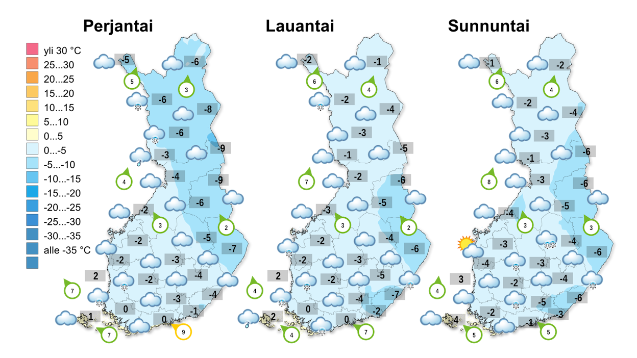 Lauantaina Lappikin lauhtuu laajalti viiden pakkasasteen lämpimämmälle puolelle.