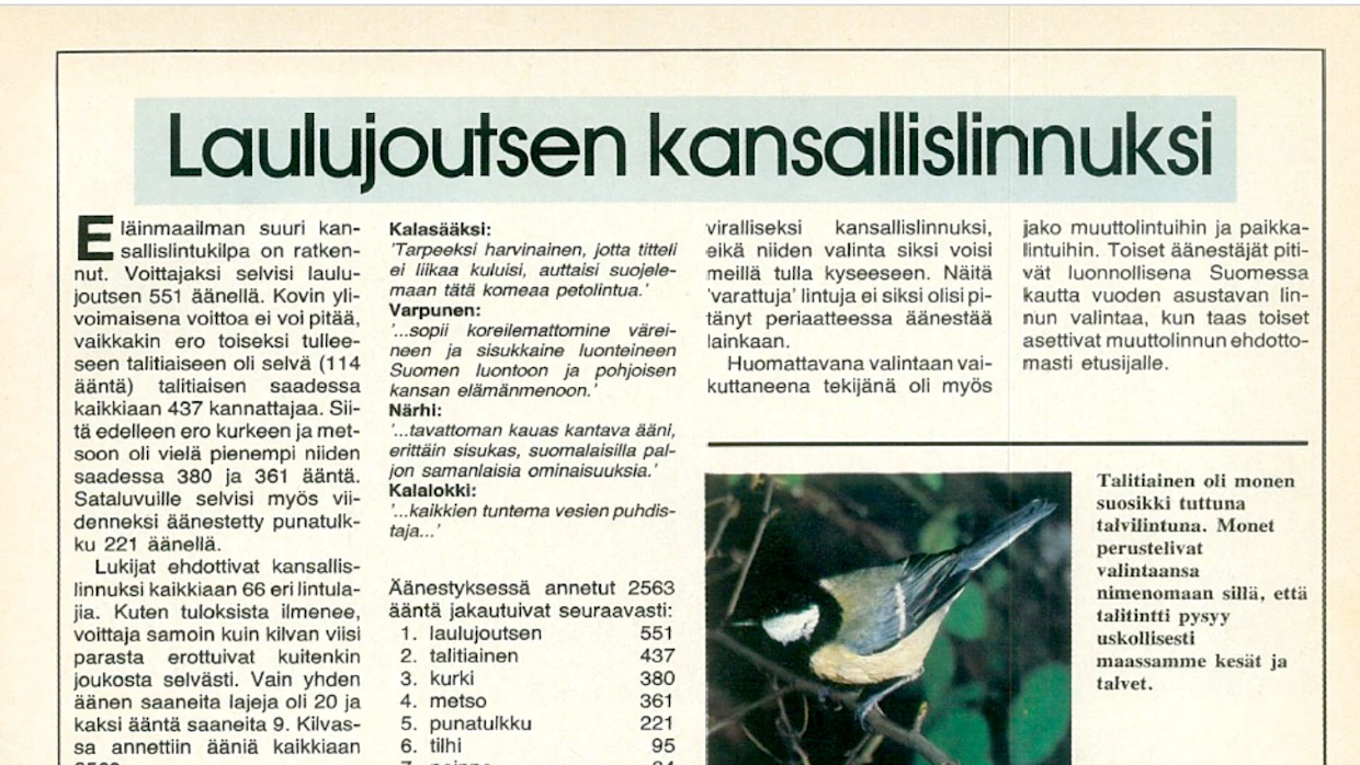 Eläinmaailman maaliskuun 1981 numerossa kansallislintukilpailun tulos selviää lukijoille.