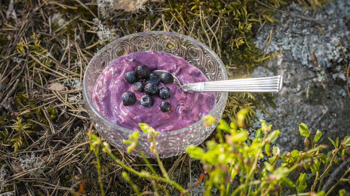 Talkkunajauhot antavat mustikkarahkalle mukavan paahteisen makuvivahteen.