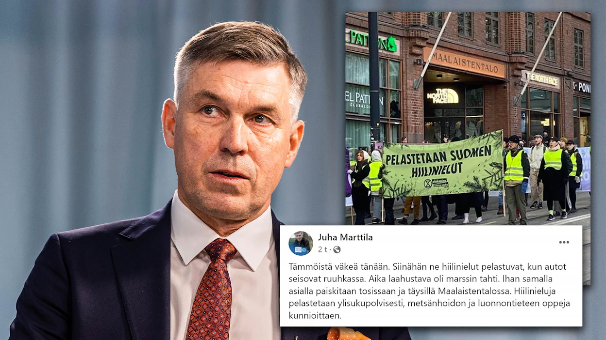Juha Marttila törmäsi työmatkallaan Elokapinan kulkueeseen Simonkadulla Helsingissä.