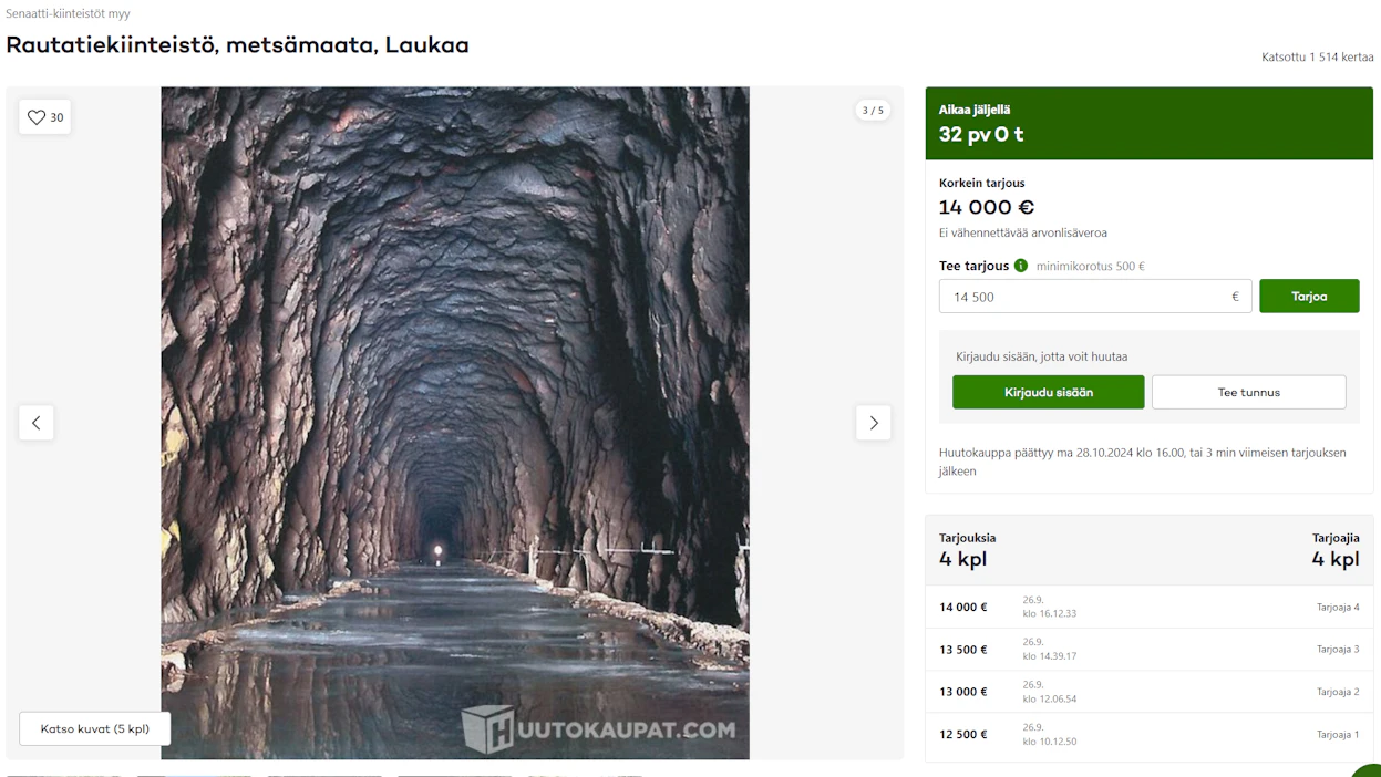 Jos sattuu kiinnostamaan, Pönttövuoren palstan ja tunnelin hankintaa ehtii vielä miettiä, sillä kohde on huutokaupassa kuukaudenpäivät. Kuvakaappaus Huutokaupat.com-sivustolta.