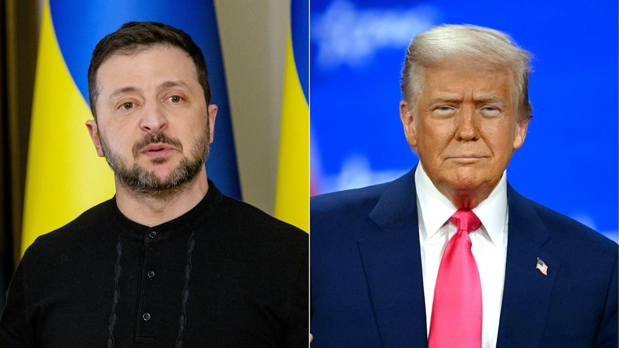 Ukrainan presidentin Volodymyr Zelenskyin (vas.) on määrä matkustaa Valkoiseen taloon perjantaina. Yhdysvaltain presidentti Donald Trump (oik.) vahvisti aikataulun toimittajille. LEHTIKUVA/AFP.