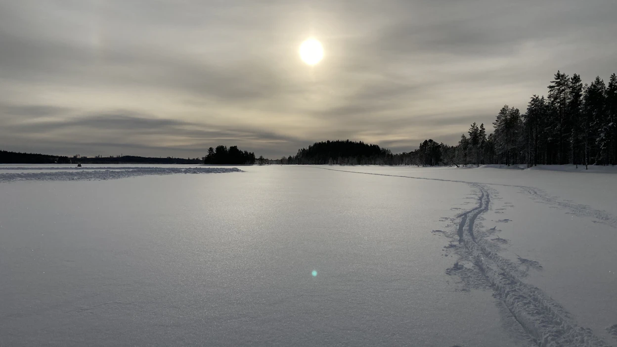 Uudet umpihanget odottavat hiihtäjäänsä, nämä jäljet syntyivät Pielisjoelle helmikuussa.