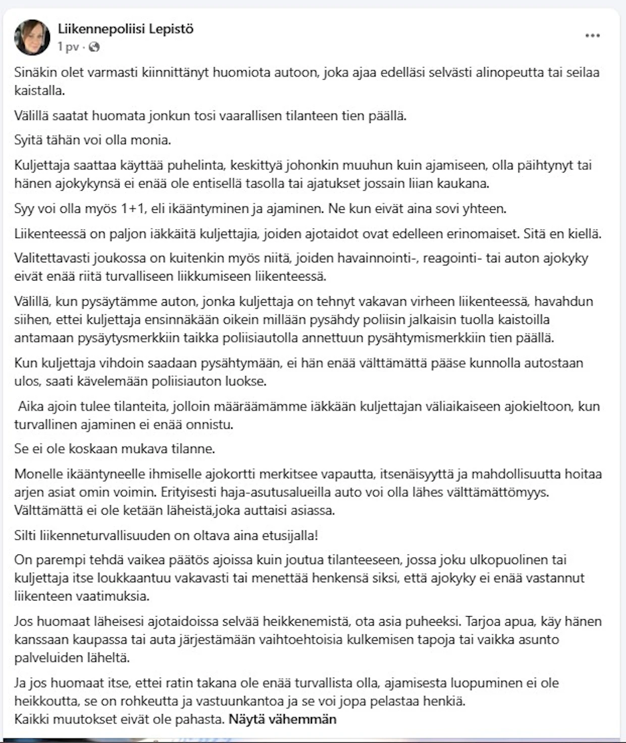 Kuvakaappaus Lounais-Suomen poliisin päivityksestä.