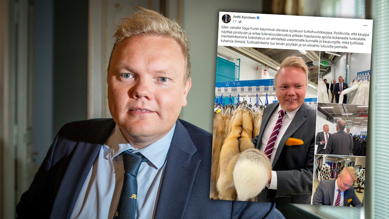 Maa- ja metsätalousministeri Antti Kurvinen (kesk.) esiintyi turkismateriaalista tehdyssä rintataskuhuivissa Saga Fursin huutokaupassa tiistaina ja keskiviikkona ministeriönsä järjestämillä biotalouspäivillä Seinäjoella.