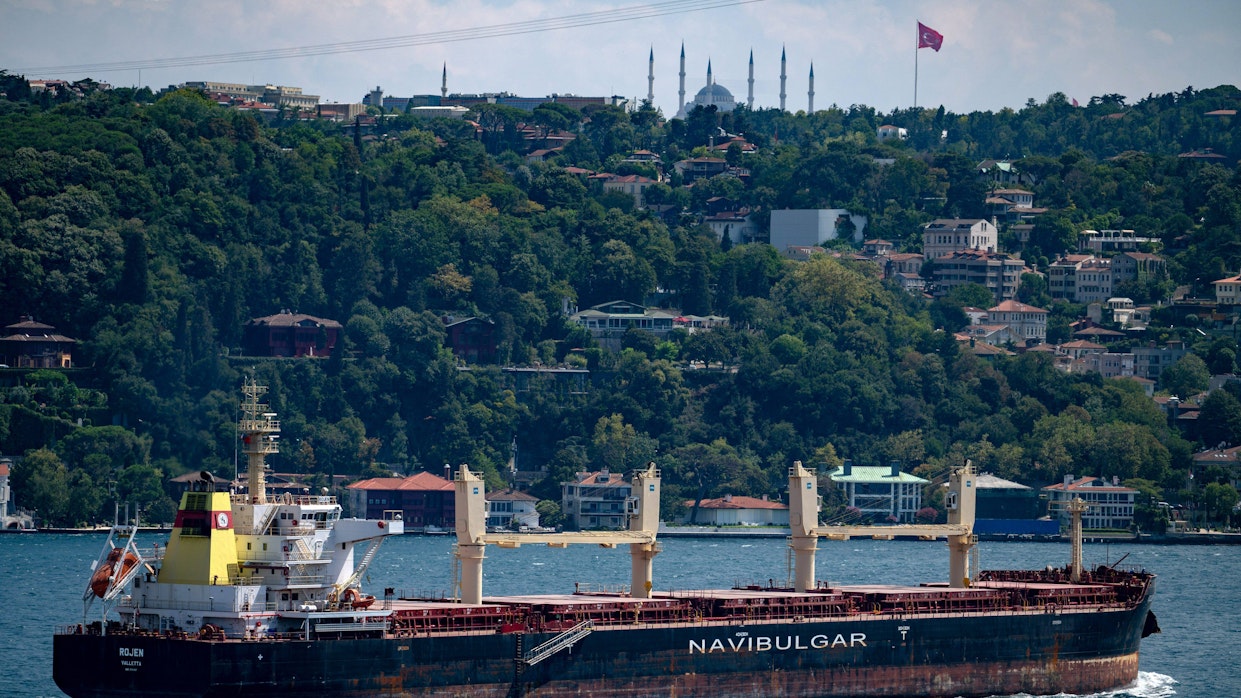 Maltan lipun alla ukrainalaista viljaa kuljettava laiva purjehti Bosporin salmessa elokuun alussa sen jälkeen, kun sen lasti oli tarkistettu Istanbulissa.