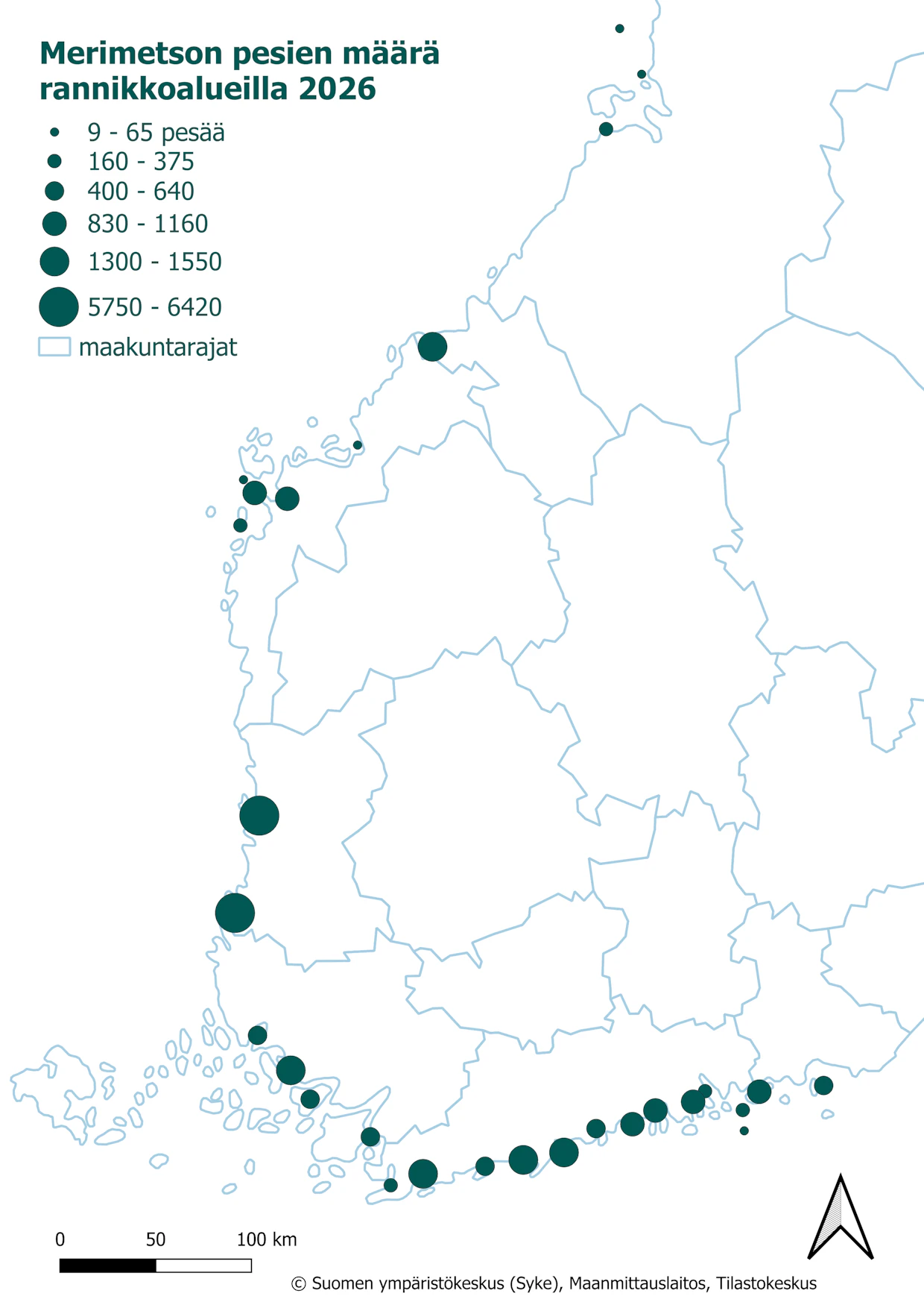 Merimetson pesiä havaittiin vuonna 2026 koko rannikon alueella, mutta suurimmat pesimäkeskittymät olivat länsirannikolla ja Suomenlahdella.