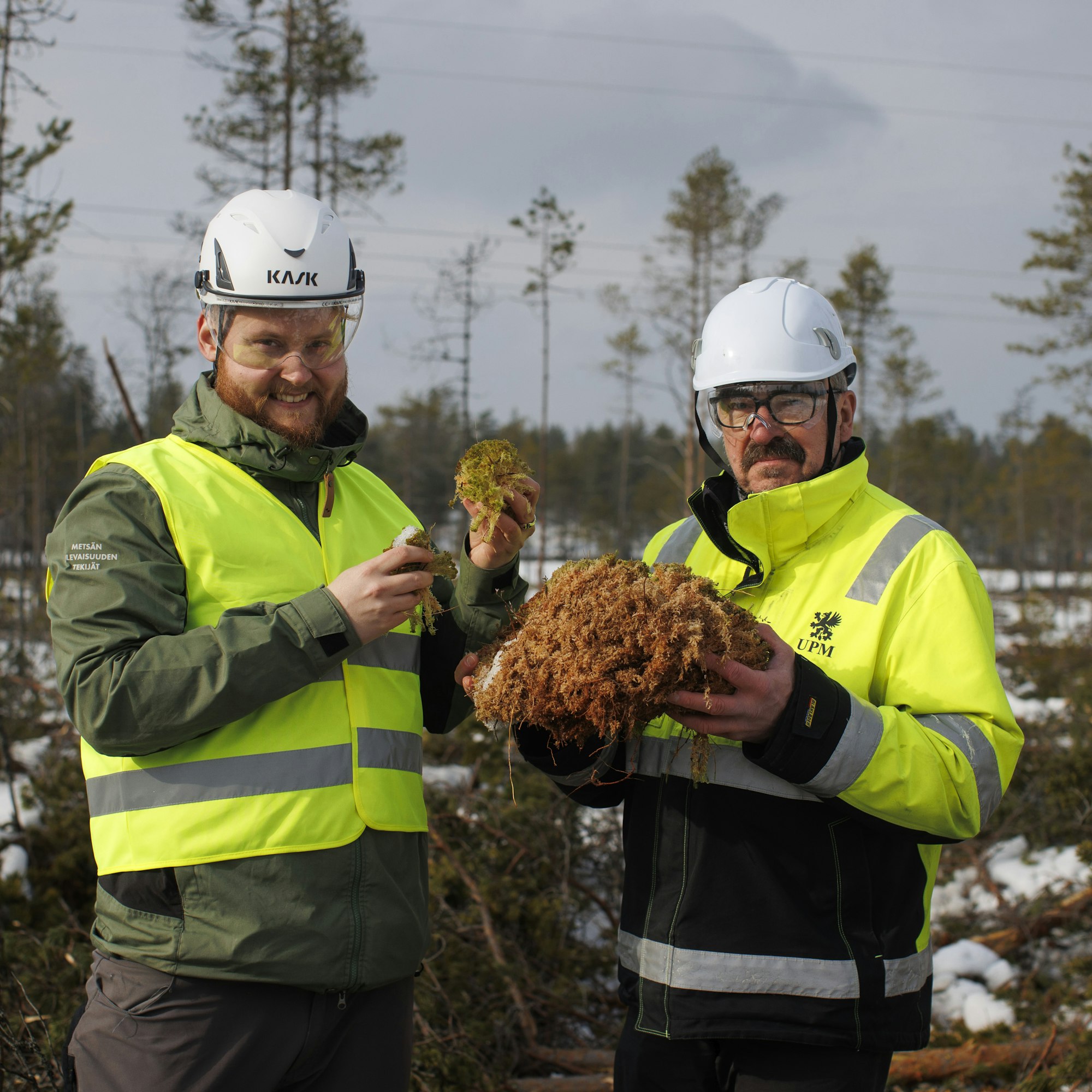 Metsäyhtiön miehet Miika Laihonen (vas.) ja Simo Kokemäki ovat aktiivisesti mukana Isosuon ennallistamishankkeessa. Rahkasammal on tyypillinen suokasvi.