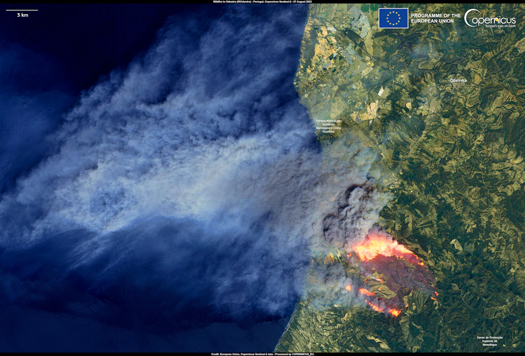 Satelliittikuva Portugalissa raivoavista metsäpaloista.