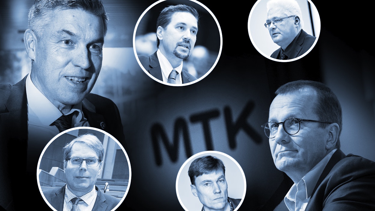 Tähän mennessä MTK:n puheenjohtajistosta kiinnostuneita ovat vasemmalta Juha Marttila, Markus Eerola, Tero Lahti, Arto Laine, Mauno Ylinen ja Pekka Pesonen.