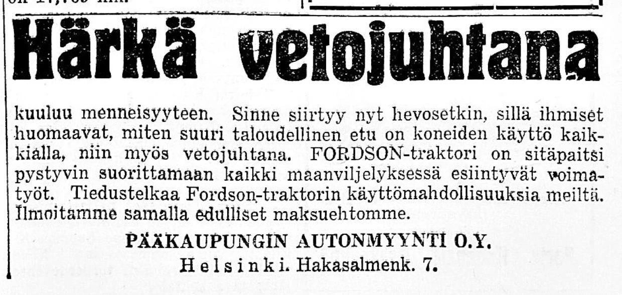 Härkä ja hevonen kehotettiin vaihtamaan Fordson-traktoriin Maaseudun Tulevaisuuden mainoksessa.