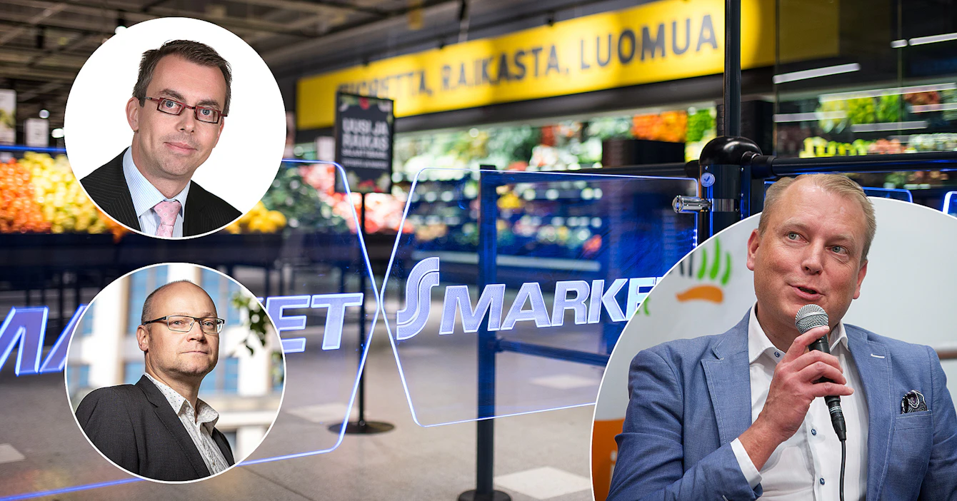 Elintarvikevaltuutettu Olli Wikbergin (vasemmalla alhaalla) mukaan S-ryhmä liikkuu harmaalla alueella. Sampo Päällysahon (oikealla) mukaan kyse on normaalista sopimuksesta. Mika Virtasen mukaan kumpikaan heistä ei toimi tuottajan parhaaksi.