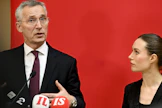 Naton pääsihteeri Jens Stoltenberg ja pääministeri Sanna Marin tapasivat mediaa aamupäivällä. LEHTIKUVA / HEIKKI SAUKKOMAA.