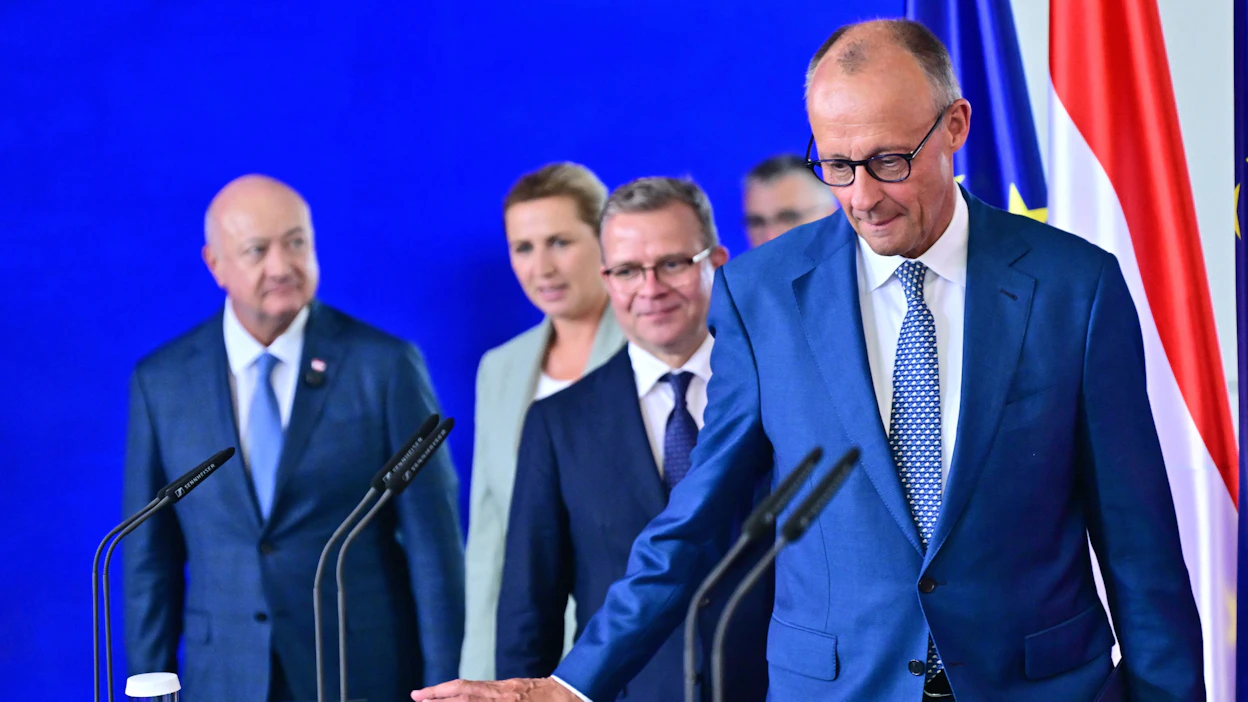 Liittokansleri Friedrich Merz ja kolmen muun EU-maan johtajat pitivät Berliinissä tiedotustilaisuuden EU:n tulevasta budjetista.