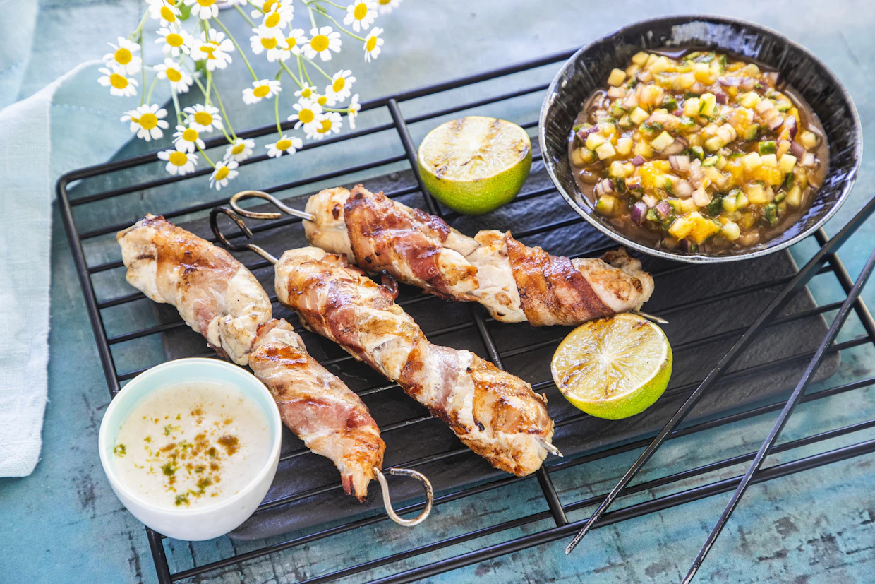 Broileri on noussut grillilihojen ykköseksi. Pienet sisäfileet eivät paloittelua kaipaa, ne vain työnnetään vartaisiin ja ympärille kiepautetaan pekoniviipale.