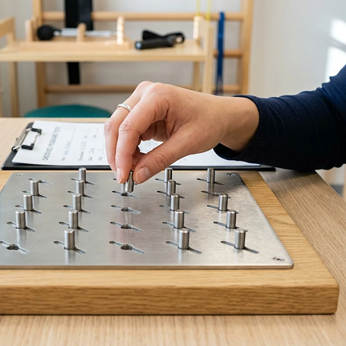 Kuvassa on Grooved pegboard -testilaite jolla testataan henkilön kykyä sijoittaa testipalikat oikein alustalle. Käytetty aika kertoo henkilön silmä-käsi-koordinaation hyvyydestä. Testi on yleispätevä. Tekoälyllä tehty kuvituskuva. Juho Nivala/Adobe Firefly.