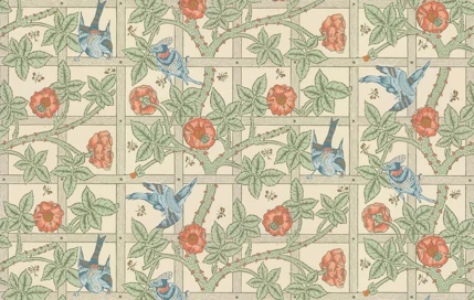 William Morrisin teos Trellis vuodelta 1864. Morris on monille tuttu puutarha-aiheisista tapettikuvioista.
