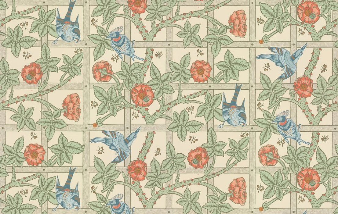William Morrisin teos Trellis vuodelta 1864. Morris on monille tuttu puutarha-aiheisista tapettikuvioista.