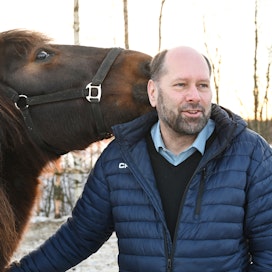 Näissä maisemissa Ylistarossa on jalostettu hyviä suomenhevosia jo useamman sukupolven ajan, niin hevosissa kuin miehissäkin mitattuna. Mauri Korkiavuoren kanssa kuvassa on Express.
