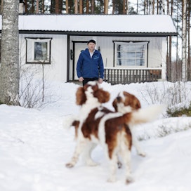 Inkerinsuomalainen Edvard Savolainen muutti Suomeen Neuvostoliitosta yli 30 vuotta sitten. Hän asuu avovaimonsa ja lemmikkiensä kanssa Vuosjärven rannalla, 18 kilometrin päässä Kannonkosken kirkonkylästä. Kuvassa etualalla telmivät springerspanielit Simo ja Roy.