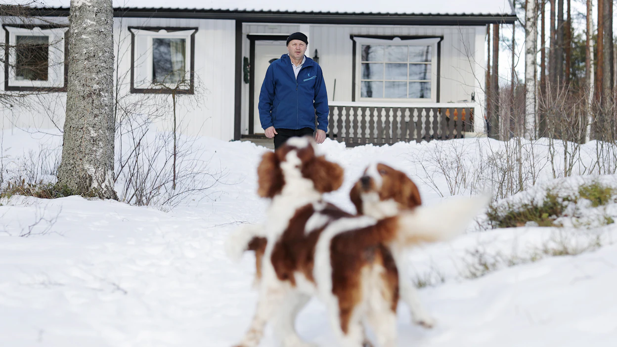 Inkerinsuomalainen Edvard Savolainen muutti Suomeen Neuvostoliitosta yli 30 vuotta sitten. Hän asuu avovaimonsa ja lemmikkiensä kanssa Vuosjärven rannalla, 18 kilometrin päässä Kannonkosken kirkonkylästä. Kuvassa etualalla telmivät springerspanielit Simo ja Roy.