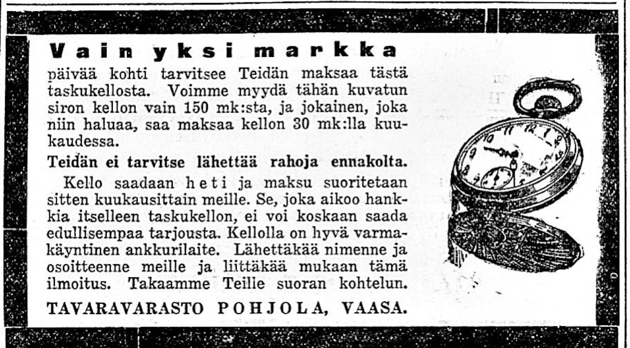 Vaasalainen tavaravarasto mainosti sata vuotta sitten.
